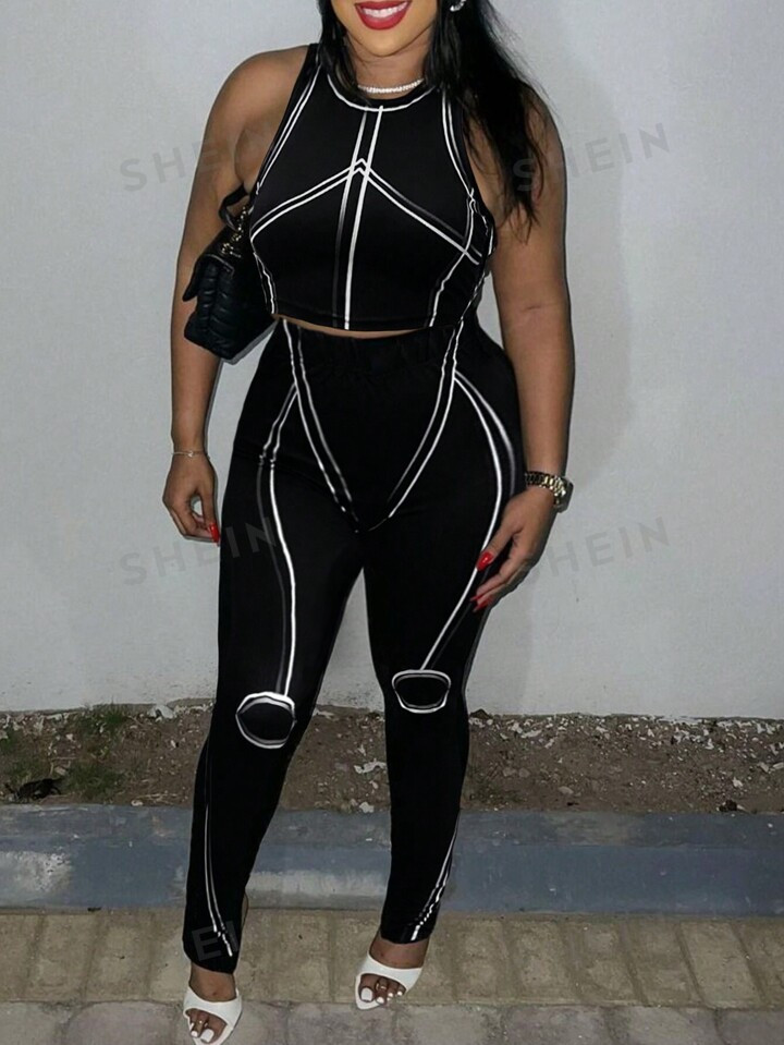 SHEIN SXY Women's Summer Striped Crop Top & Slim Fit Pants Set With Round Neck | SHEIN