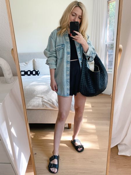 A foolproof early fall outfit that works for me every time:
Denim Shirt Jacket + Athletic Shorts + Cropped Tank + Birkenstocks + Statement Bag

#LTKstyletip