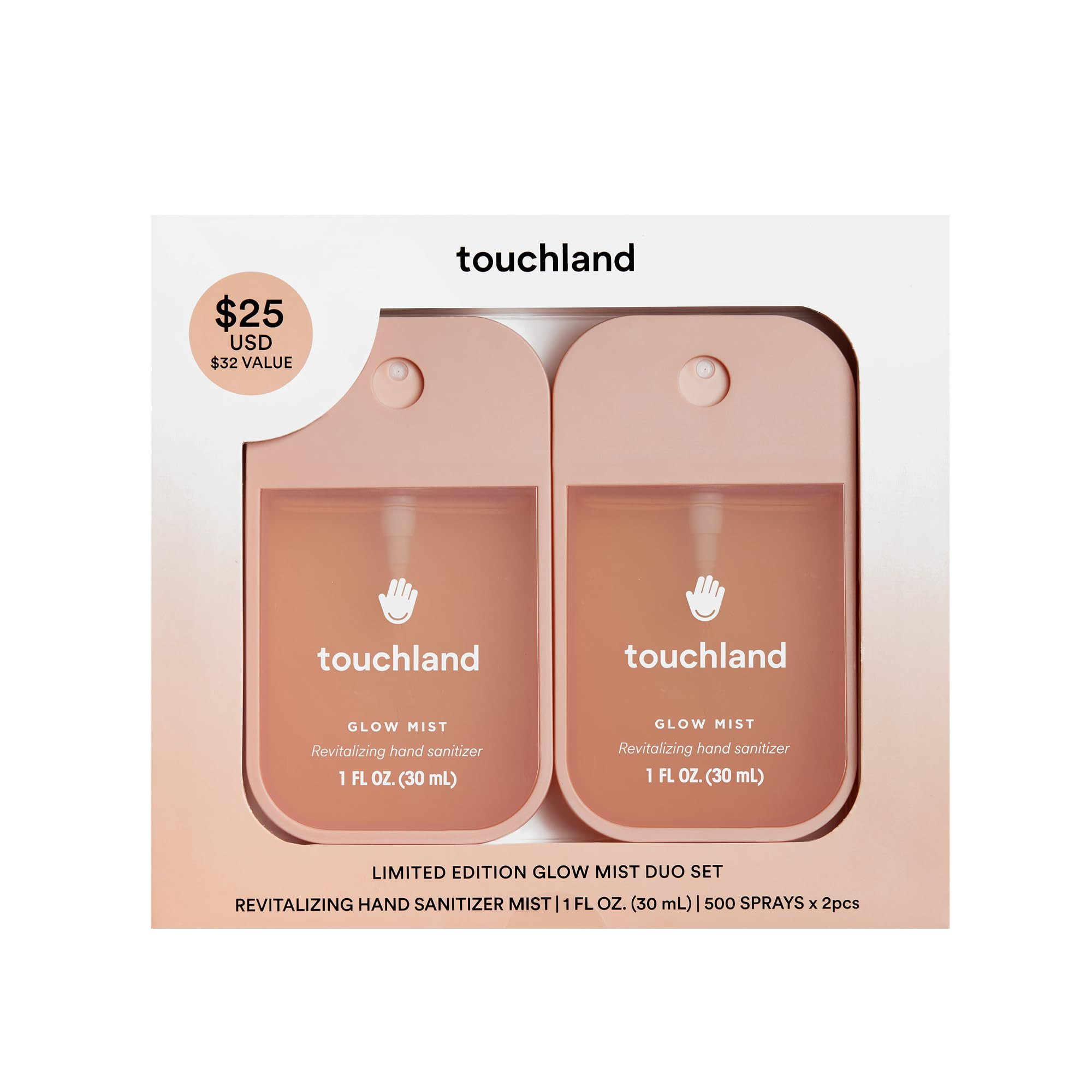 Touchland Limited Edition Glow Mist Duo Set, Revitalizing Hand Sanitizer Spray, Rosewater scented, 1FL. OZ. Travel Size (Set of 2) | Amazon (US)