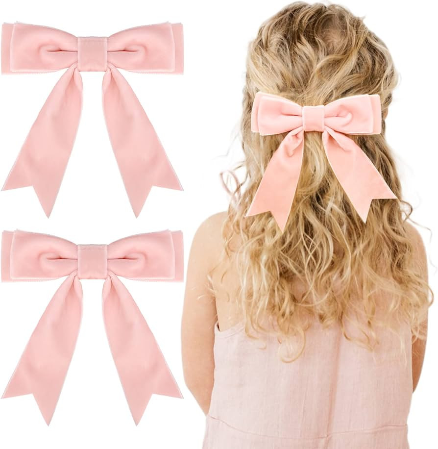 2PCS 5" Velvet Pink Hair Bows Girls Hair Clips Ponytail Holder Accessories for Girls Toddlers | Amazon (US)