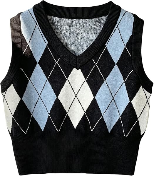 Verdusa Women's Plaid Argyle V Neck Sweater Vest Sleeveless Knit Crop Tops | Amazon (US)
