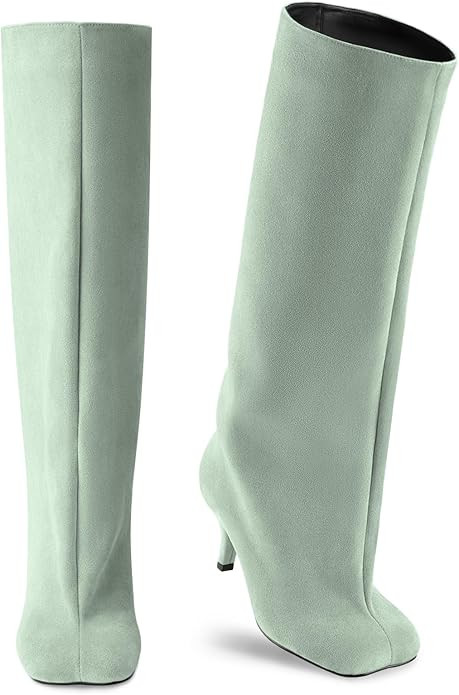 Oh Mispares Women's Nude Suede Knee High Boots - Square Toe Wide Calf Stiletto Low Heels - Fashio... | Amazon (US)