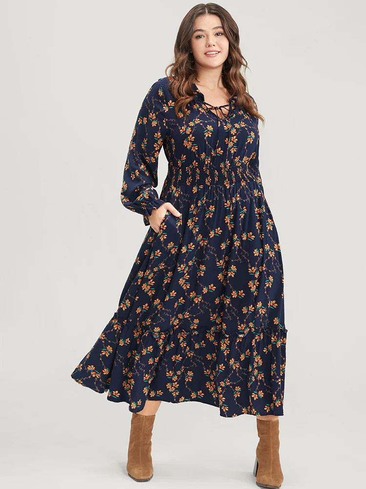Floral Lantern Sleeve Pocket Tie Neck Shirred Midi Dress | Bloomchic