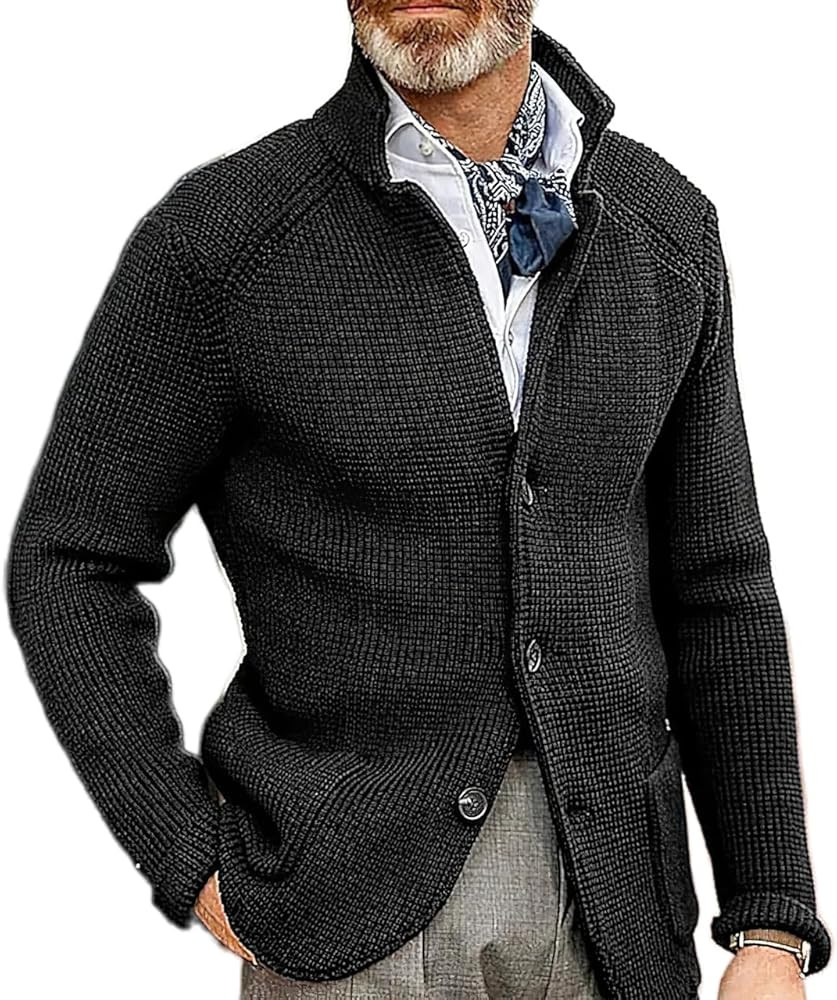 Men's Fall Button Down Knitted Cardigan Sweater Casual Stand Collar Winter Business Blazer Jacket... | Amazon (US)