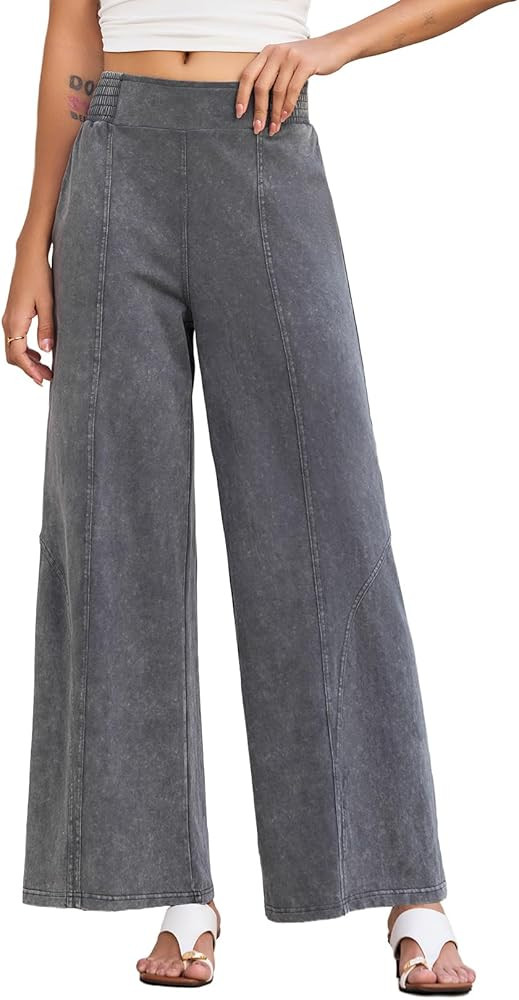 EVALESS Women's Wide Leg Baggy Pants Casual Elastic Waist Acid Wash Cotton Knit Palazzo Pants Boh... | Amazon (US)