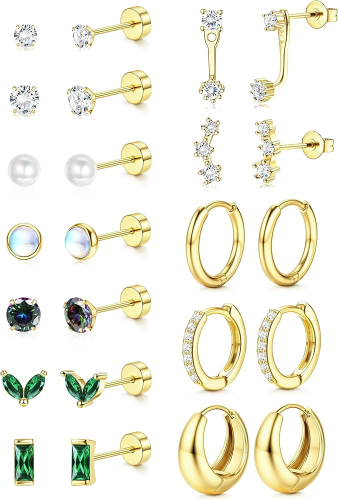 BESTEEL Hypoallergenic Flat Back Earrings - 14K Gold Plated Cartilage Earring Sets for Multiple P... | Amazon (US)