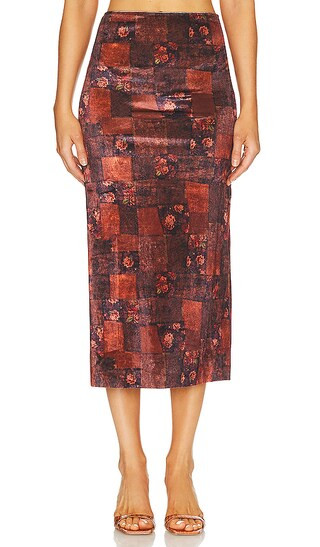 Velvet Patchwork Midi Skirt in Saddle Multi | Revolve Clothing (Global)