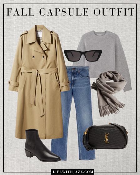 Fall smart casual outfit 

• fall / fall style / capsule wardrobe / smart casual / trench coat / cashmere sweater / gray sweater / bootcut jeans / sunglasses / booties / Ysl purse 

#LTKSeasonal #LTKworkwear #LTKstyletip