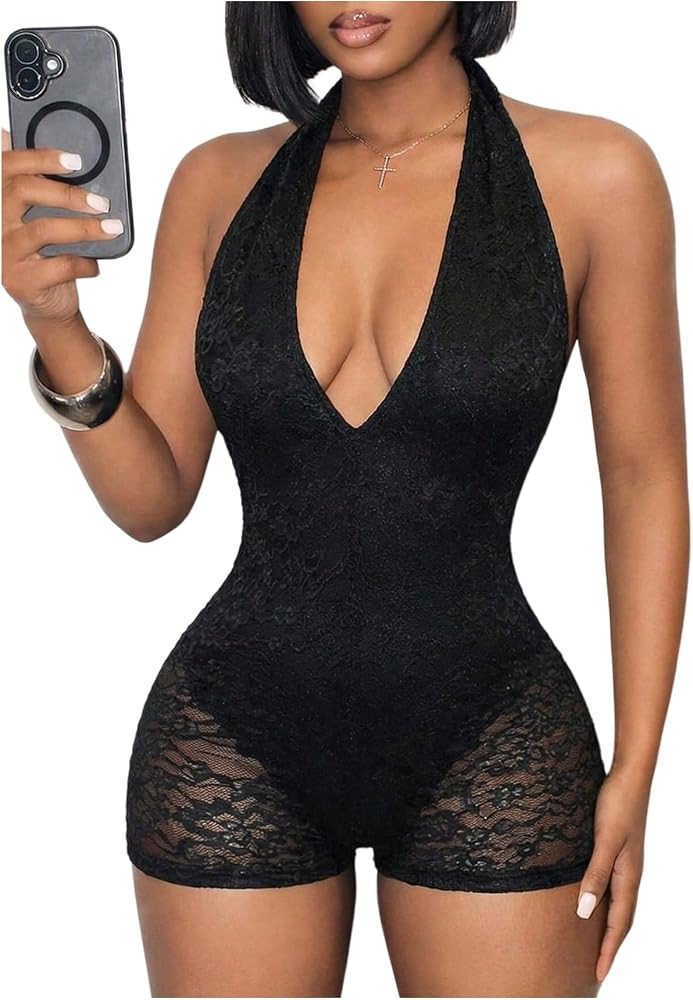 WDIRARA Women's Lace Halter Romper Deep V Neck Backless Bodycon Short Jumpsuit Rave Clubwear | Amazon (US)