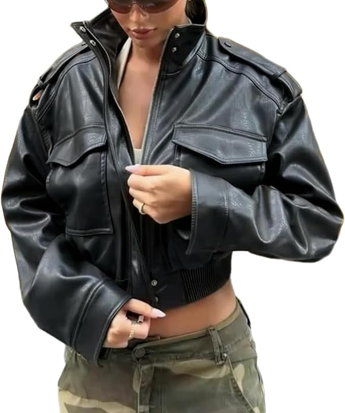 Green Leather Jacket Women Stand Collar Zip Up Cropped Leather Jacket Women Trendy 2026 | Amazon (US)
