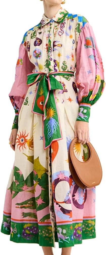 Floral Dress for Women Long Sleeve Midi Dress Classy Button Down Dress for Women Fall Midi Dress ... | Amazon (US)