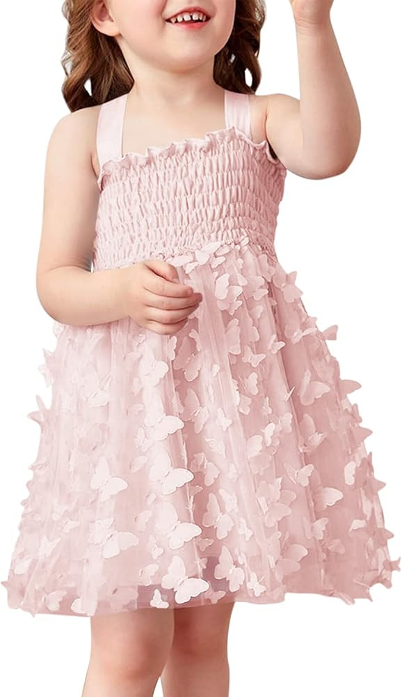 Eurivicy Toddler Baby Girls Lace Dress Summer Sleeveless Tulle Strap Shirred Sundress Butterfly Swin | Amazon (US)