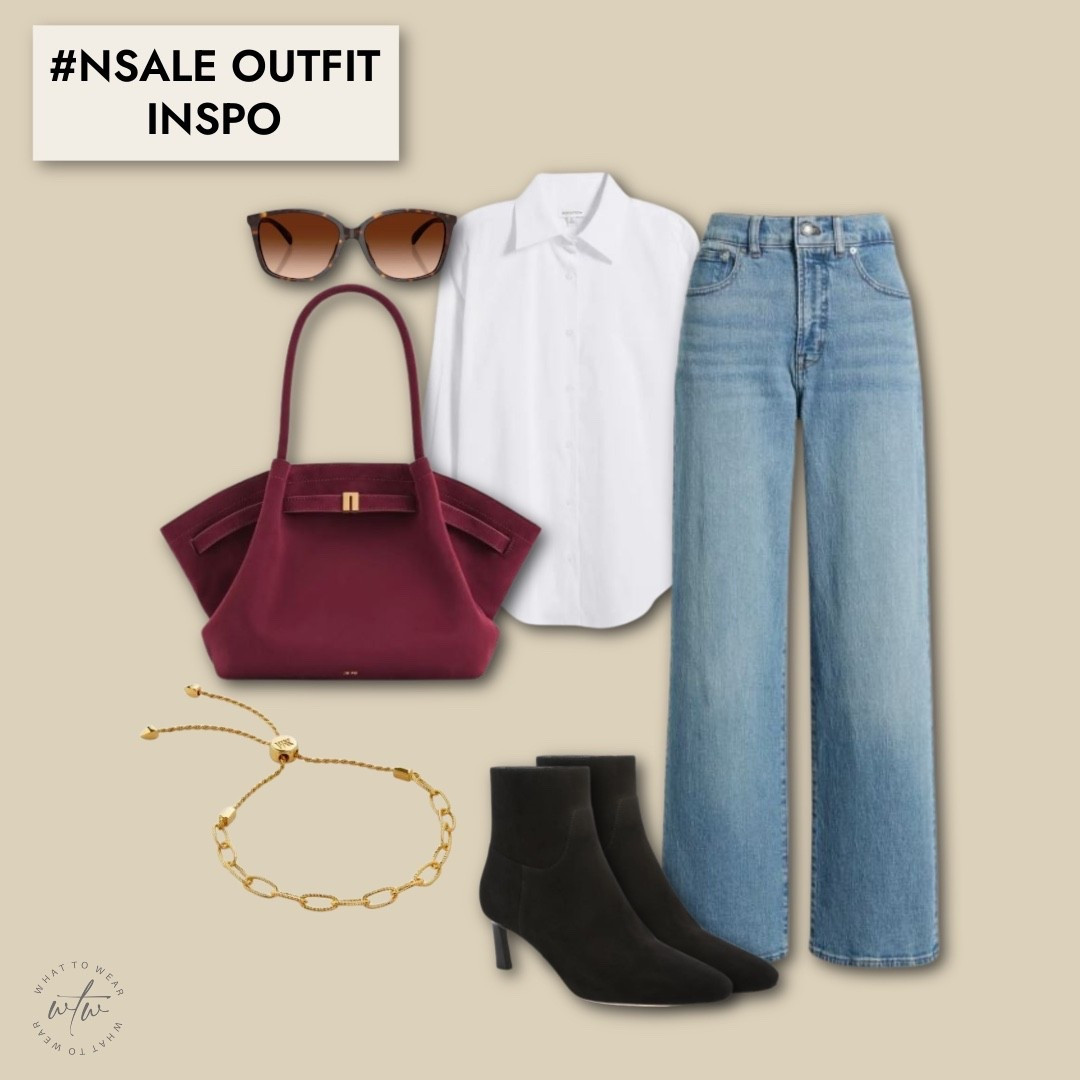 NSale blue jeans outfit with NSale burgundy bag