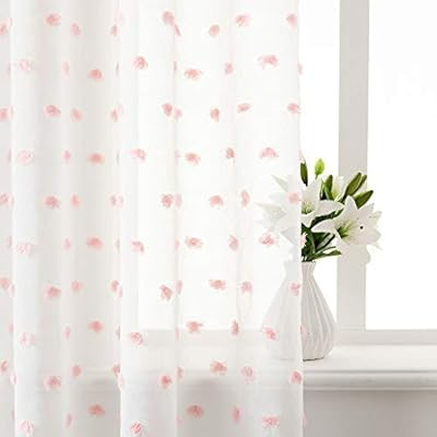 Linen Look Sheer Curtains 96 Inches Long Jacquard Dots Super Soft Grommet Pom Pom Voile Curtains ... | Amazon (US)
