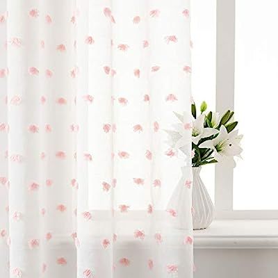 Linen Look Sheer Curtains 96 Inches Long Jacquard Dots Super Soft Grommet Pom Pom Voile Curtains ... | Amazon (US)