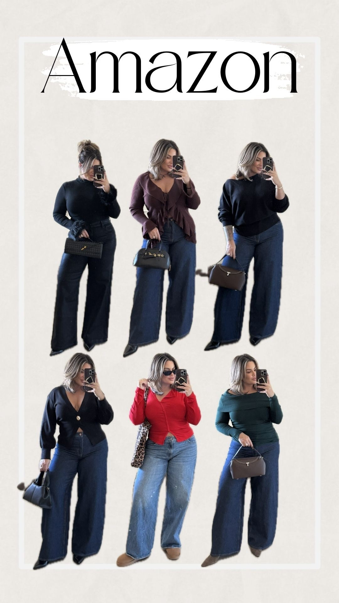 Jeans and Amazon tops 

Left to right size info 
Top left L top 31 jeans
Top middle 31 tall jeans L top
Top right L top 31 tall jeans 
Bottom left L top 31 tall jeans 
Bottom middle XL top 32 long jeans 
Bottom right L top 31 tall jeans 

All boots size up 