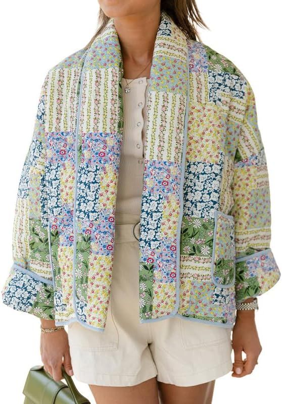 NUFIWI Women Floral Print Cropped Quilted Jacket Cardigan Vintage Open Front Padded Puffler Coat ... | Amazon (US)
