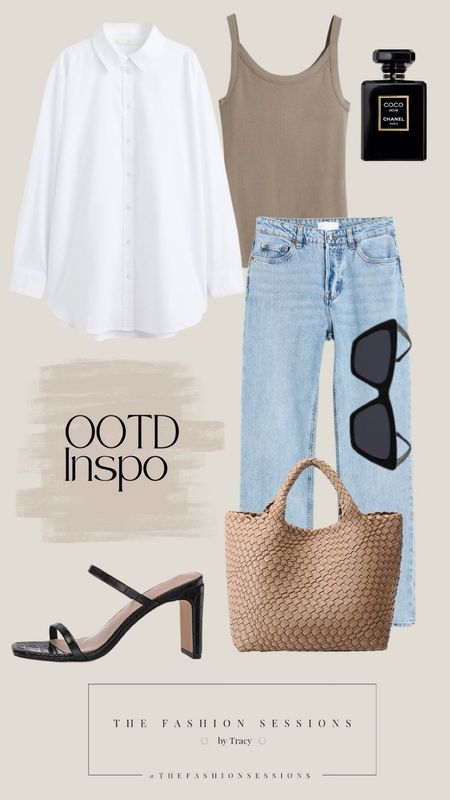 Outfit Inspiration | Blue Jeans | White Button Down | Tan Tank | Croc Heels | Woven Tote Bag 