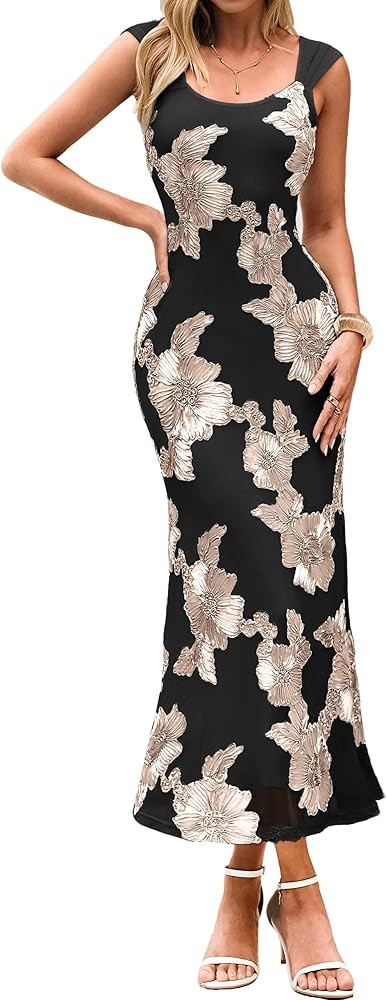 Simplee Women's Floral Wedding Guest Maxi Dress 2026 Summer Bodycon Mesh Sleeveless Flowy Formal ... | Amazon (US)