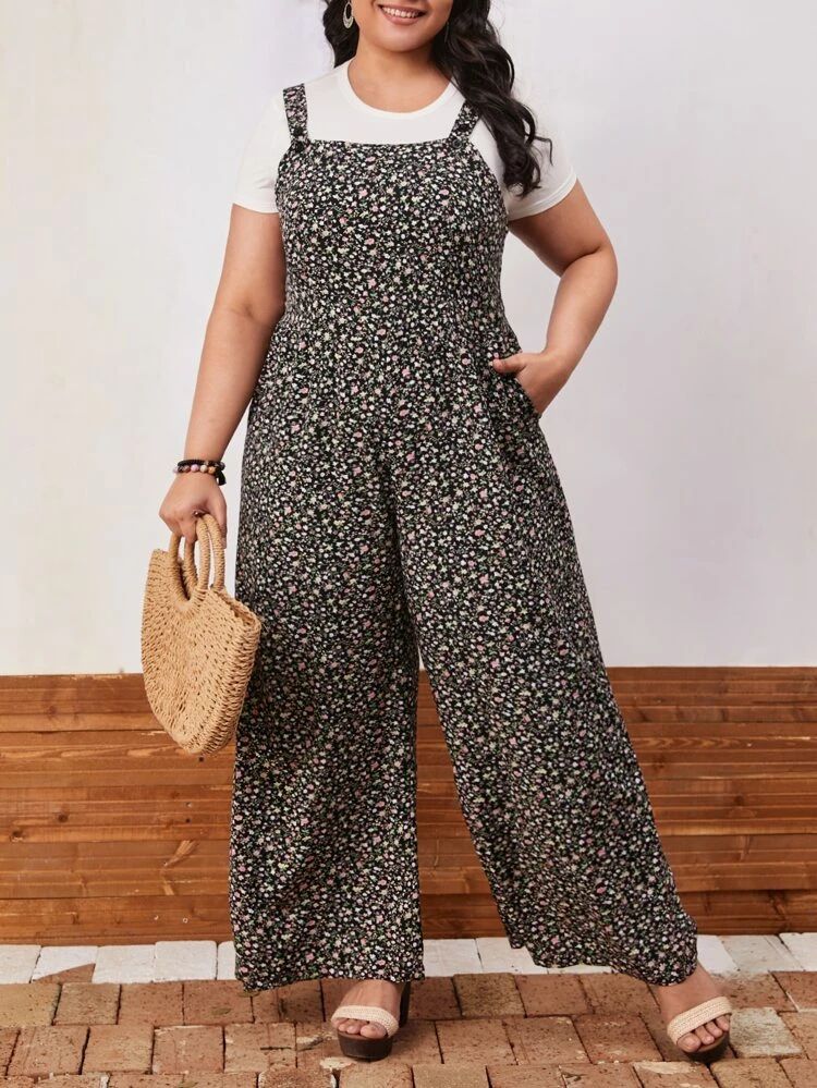 EMERY ROSE Plus Ditsy Floral Wide Leg Overalls Without Tee | SHEIN