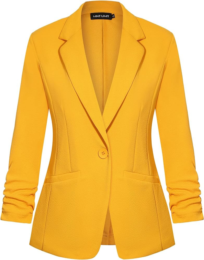 MINTLIMIT Women's Casual Blazer 3/4 Ruched Sleeve Open Front Button Work Office Blazer Jackets wi... | Amazon (US)