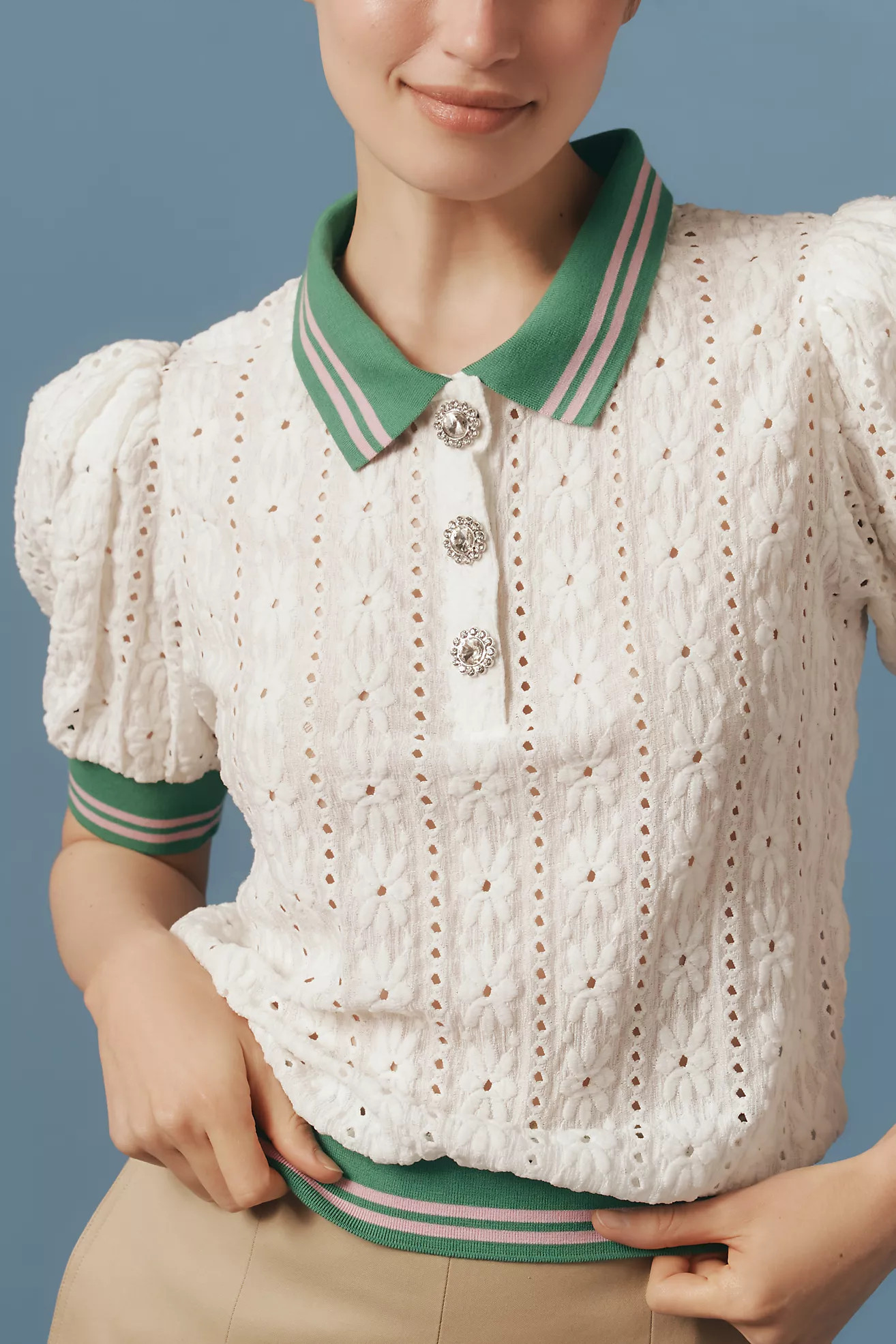 Maeve Puff-Sleeve Lace Polo Top | Anthropologie (US)