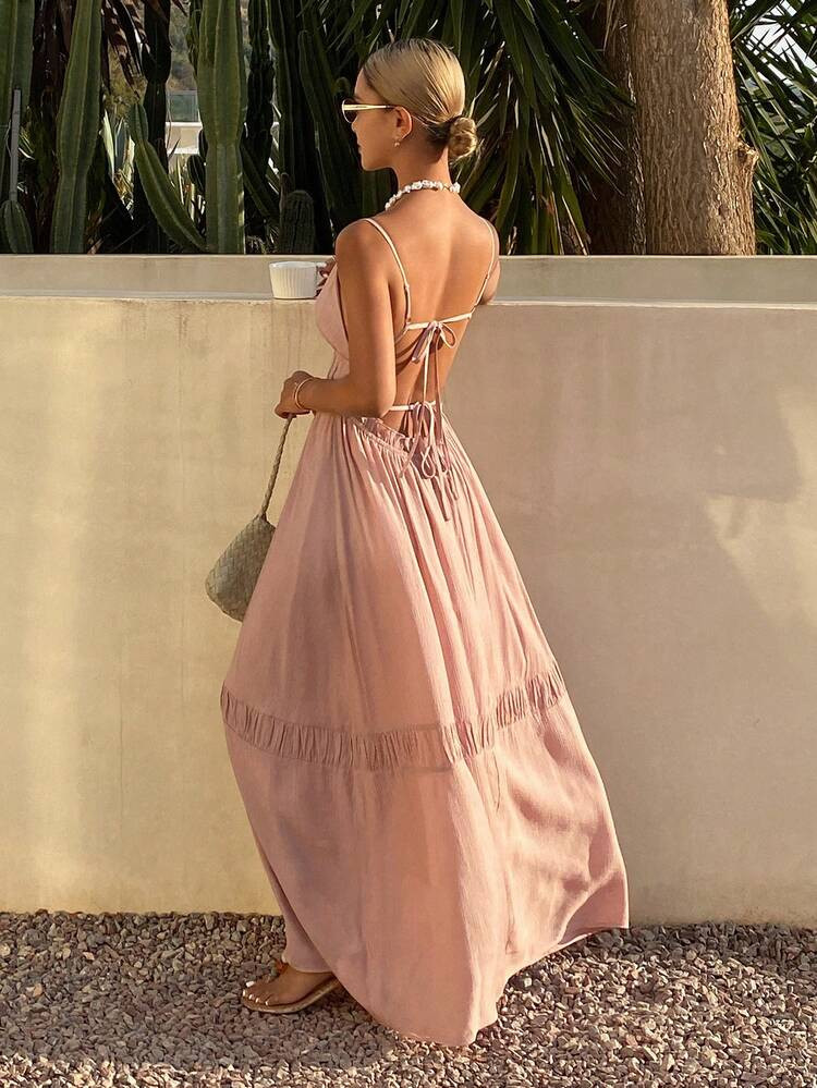 Livesso Pink Spaghetti Strap Tie Waist Midi Dress, Suitable For Beach Party, Holiday, Summer Sundress Boho Vacation Outfits Women | SHEIN