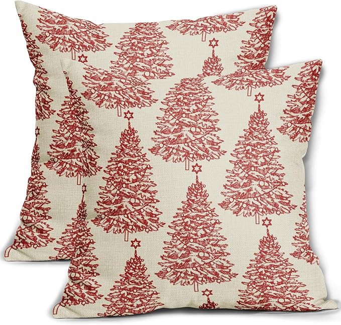 Christmas Tree Pillow Covers 18x18 Set of 2 Red Rustic Vintage Decorative Throw Pillowcases for H... | Amazon (US)