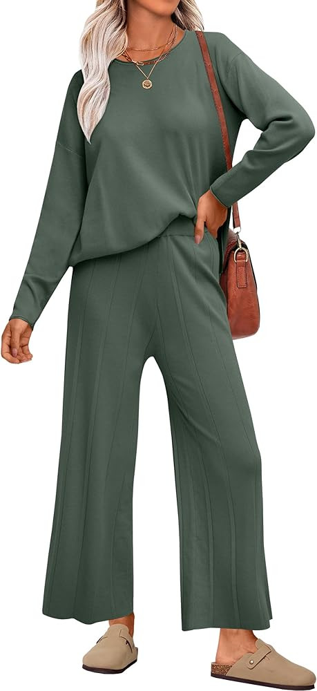 ANRABESS Womens 2 Piece Outfits Sweater Sets Knit Crewneck Tops Wide Leg Pants 2024 Fall Casual M... | Amazon (US)