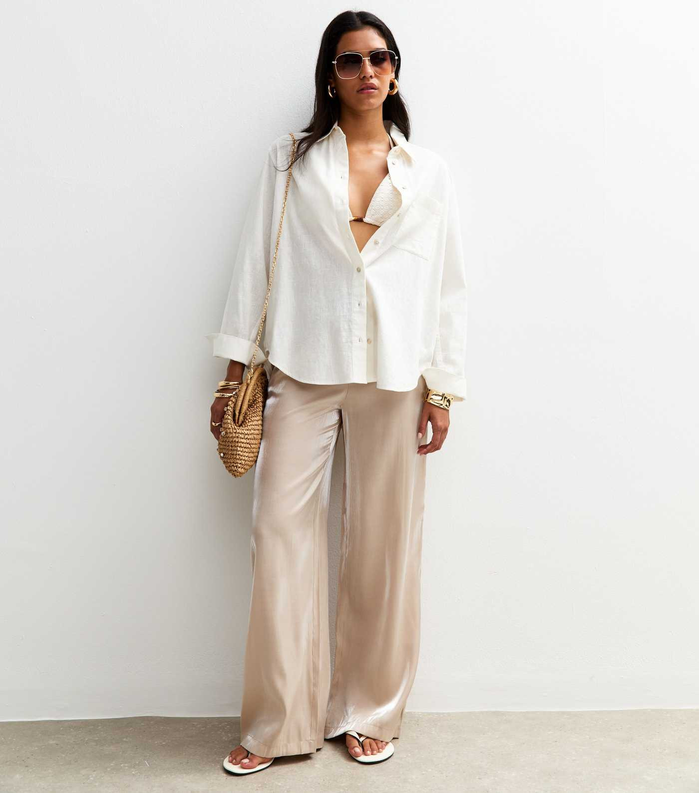 Cream Shimmer Satin Wide Leg Trousers | New Look | New Look (UK)