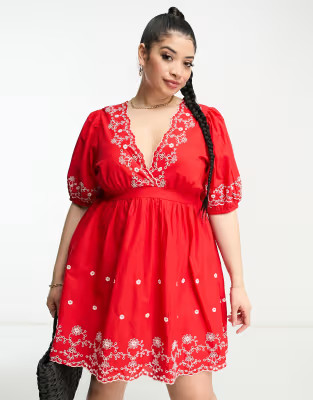 River Island Plus broderie mini dress with short sleeves in red | ASOS (Global)
