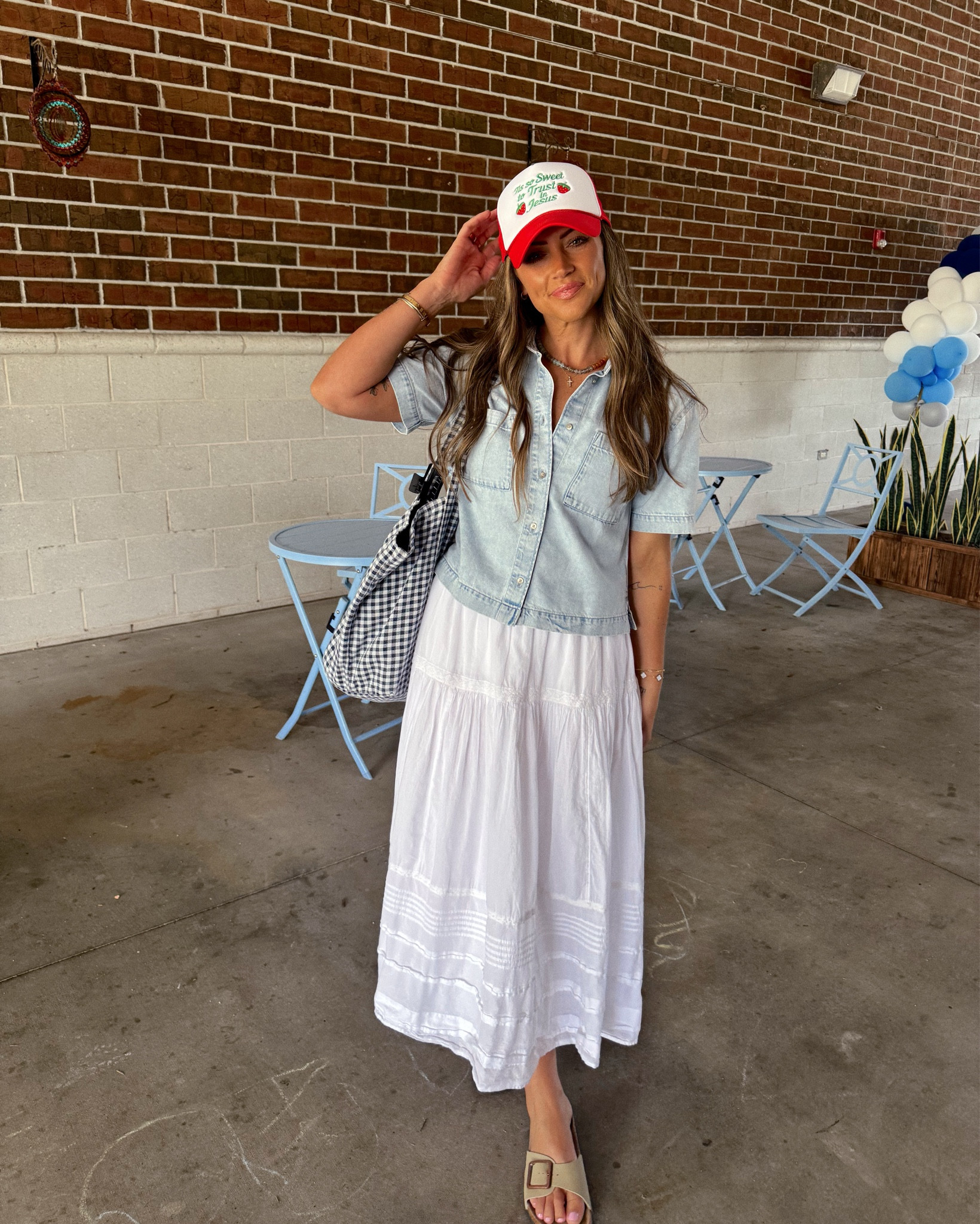 My Sunday outfit!!! 
XS skirt and top. 
Top is Gap from last year but I linked this year’s version! 
Hat is altard state last year but I linked similar 