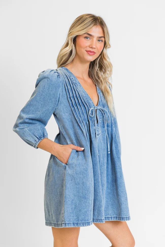 Denim Darling Long Sleeve Tie Front Dress | Pink Lily