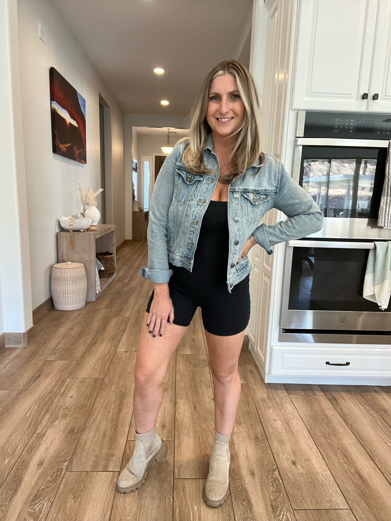 Fall transition outfit

Mom style 

Jean jacket- CJLA. Linked similar
Black skims romper TTS has stretch double lined
Chelsea boots 

#LTKstyletip #LTKSeasonal #LTKover40