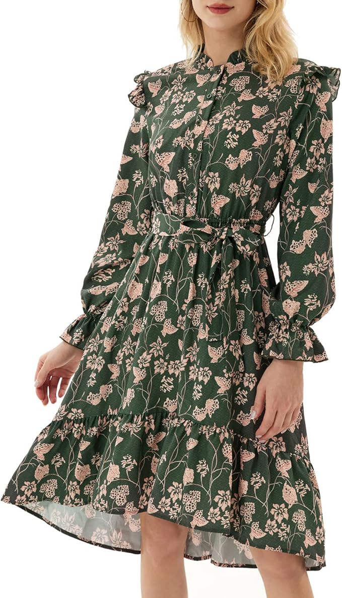 GRACE KARIN Women Long Sleeve High Low Midi Dress Ruffle Elastic High Waist Stand Collar Shirt Dr... | Amazon (US)