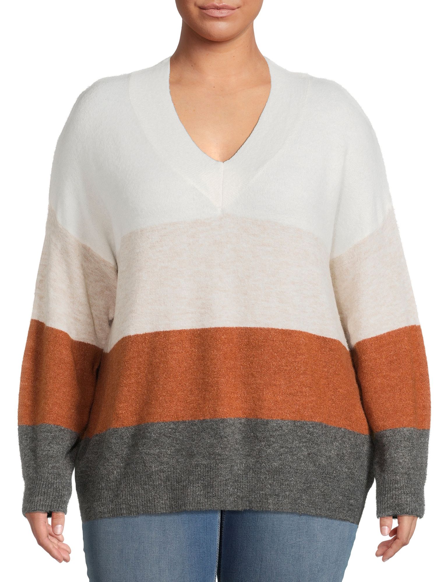 Dreamers by Debut Women's Plus Size Colorblocked V-Neck Sweater - Walmart.com | Walmart (US)