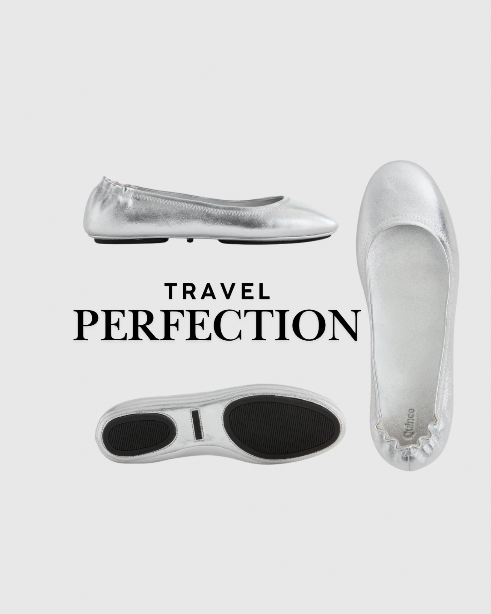 These silver ballet shoes are color sole hence you can fold them up and tick them into a corner somewhere making them an easy extra pair to take with you! 
I mean they’re space saving!! 🤭 also come in black and tan. 

Travel style. Ballet flats. Silver shoes. Metallic. Quince. 

#LTKTravel #LTKSaleAlert
