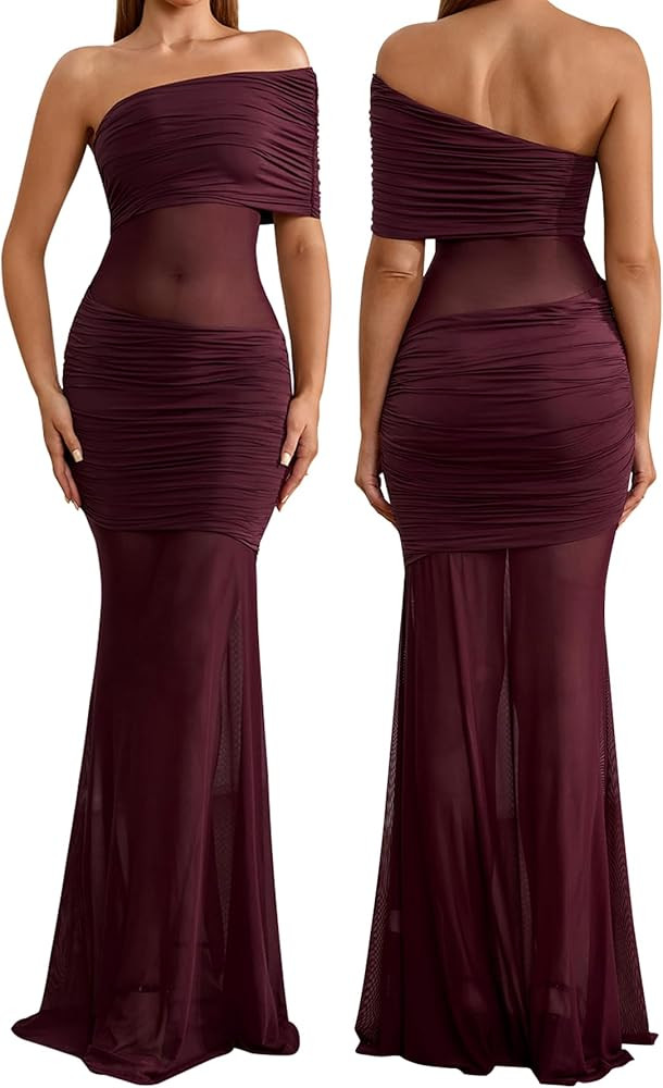 Off Shoulder Bodycon Formal Wedding Guest Maxi Dress Mesh Patchwork Cocktail Dresses for Women 20... | Amazon (US)