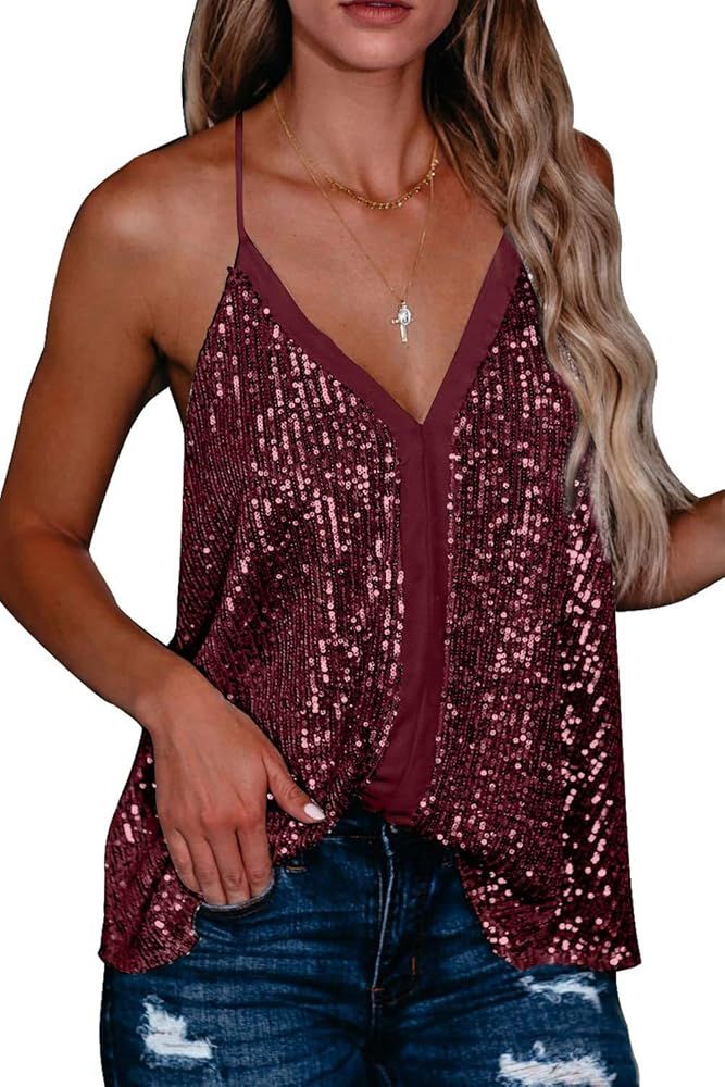 Shawhuwa Women's Fashion V Neck Sequin Strappy Flowy Tank Tops Sexy Sleeveless Racerback Cami Shirts | Amazon (US)