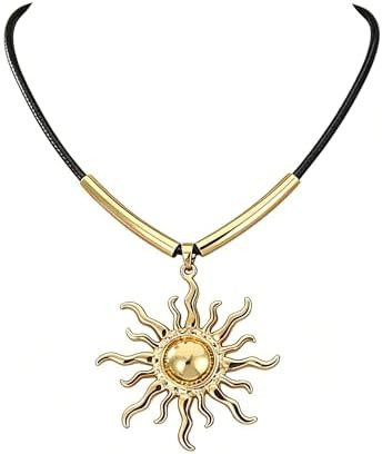 Boho Vibe Vintage Sun Pendant Necklace for Women, Black Leather Cord with Gold Plated Bar Chain, ... | Amazon (US)