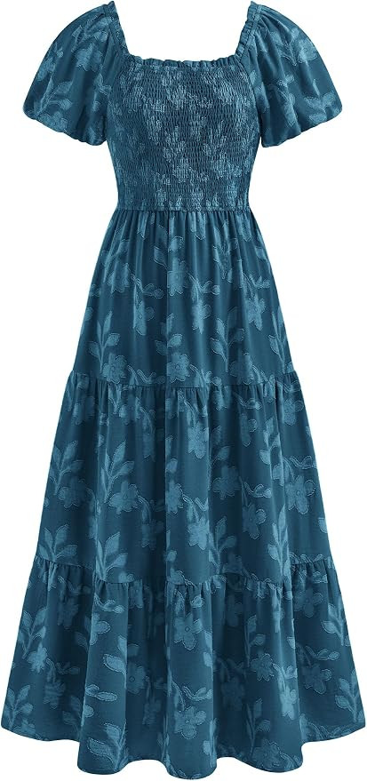 PRETTYGARDEN Women's 2026 Summer Boho Maxi Dresses Floral Short Sleeve Square Neck Smocked Flowy ... | Amazon (US)