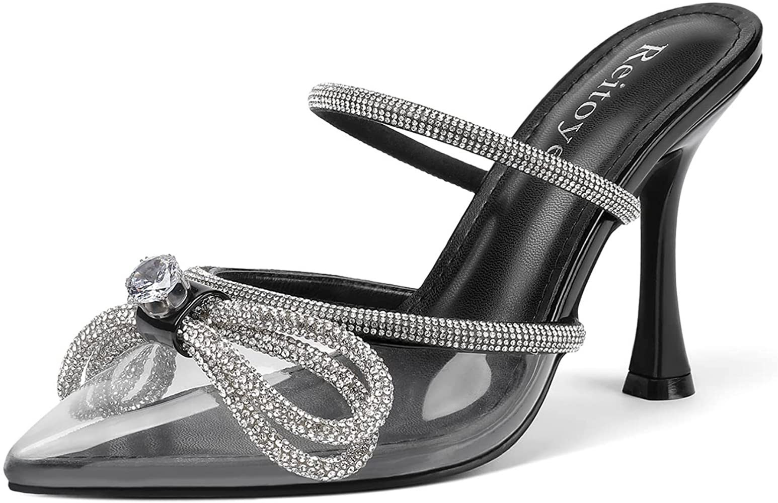 Reitoye Clear Pointed Toe Heels Sandals Stiletto Rhinestone Strap High Heeled Backless Slip on Pu... | Amazon (US)