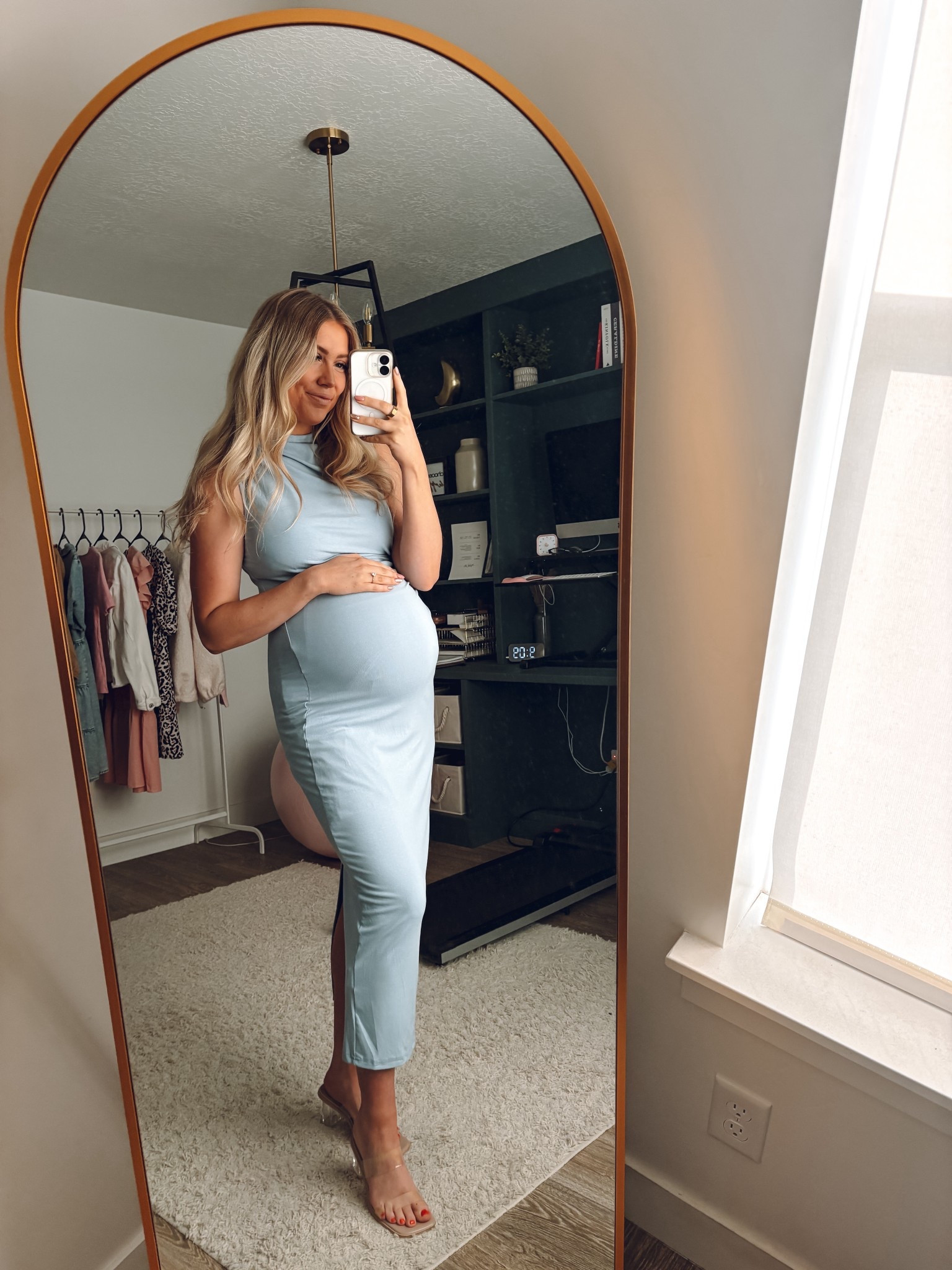 blue bump friendly dress for my baby shower celebrating baby boy🩵 wearing my usual size M! the material is stretchy making it bump friendly! 
heels: true to size and comfortable 

| pregnant | bump friendly dress | baby shower outfit | womens blue dress | amazon dress | comfortable heels | clear strap heels | wedding guest outfit 

#LTKBump #LTKWedding #LTKFindsUnder100