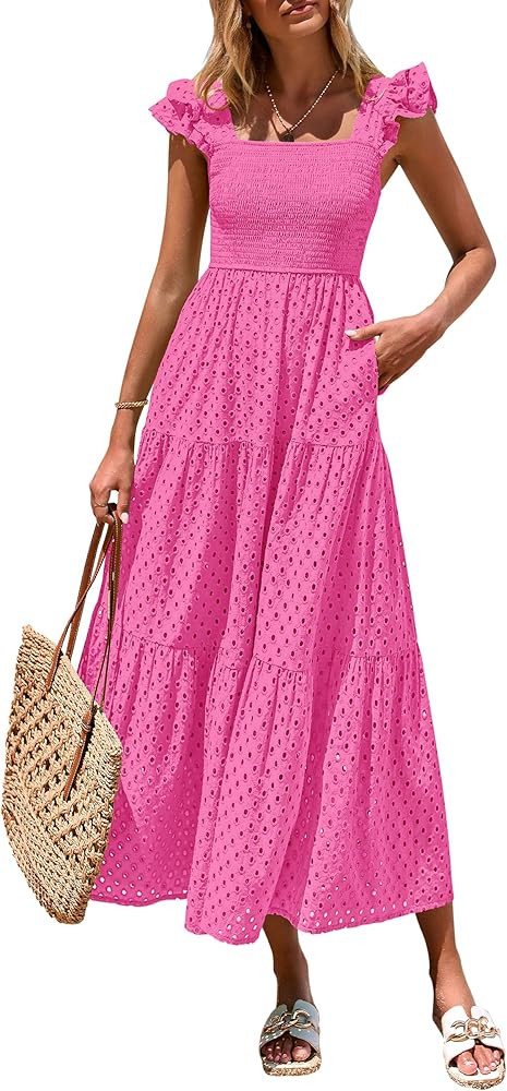 PRETTYGARDEN Womens Summer Square Neck Maxi Dresses Cap Sleeve Eyelet Smocked Tiered A Line Flowy... | Amazon (US)