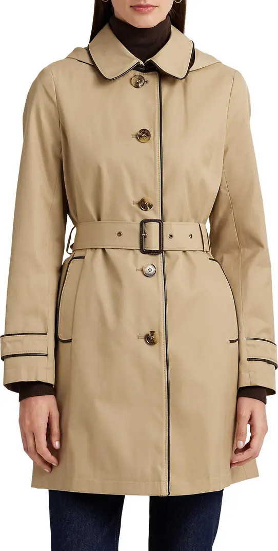 Hooded Belted Faux Leather Trim Trench Coat | Nordstrom