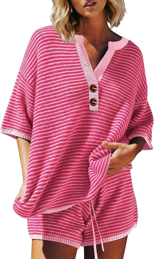 ETCYY NEW Oversized Striped Two Piece Sets for Women 3/4 Sleeve Henley Sweater Top High Waisted S... | Amazon (US)