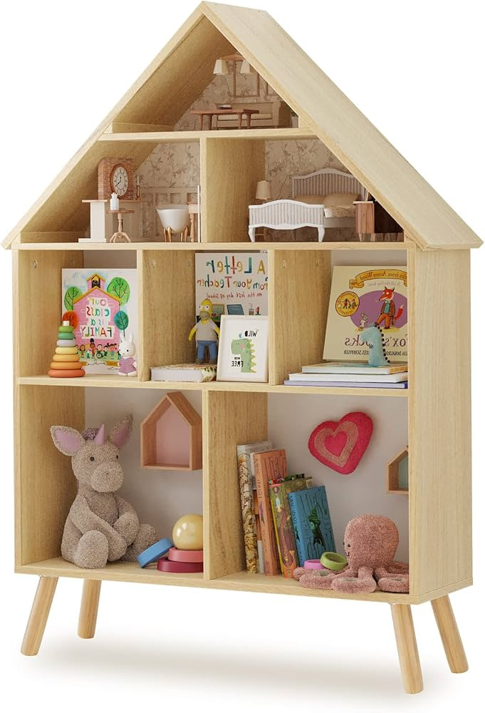 Kids Dollhouse Bookshelf and Baby Storage - Wooden Stand Dollhouse Bookcase with 4-Tier Storage D... | Amazon (US)