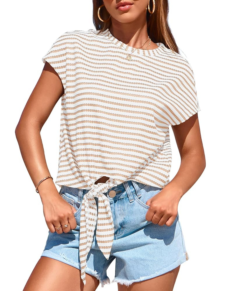 PRETTYGARDEN Womens Tops 2025 Cute Summer Cap Sleeve Crewneck Tie Knot Striped Shirts Casual Loos... | Amazon (US)