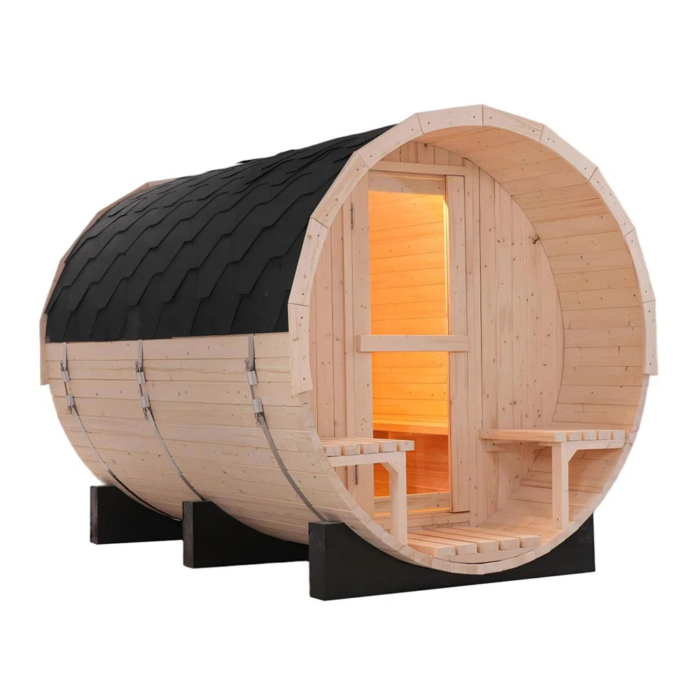 4-6 Person Outdoor Traditional Steam Barrel Sauna - Natural White Pine Wood, Round Backyard Spa W... | Wayfair North America