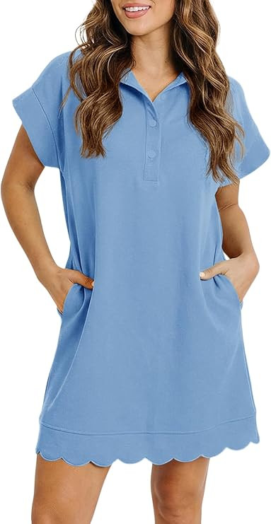 Fisoew Womens Summer T Shirt Mini Dress Short Sleeve Collared V Neck Button Loose Active Dresses ... | Amazon (US)
